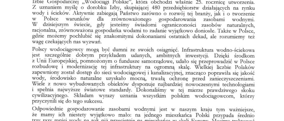 List Prezydenta RP Andrzeja Dudy, skierowany do Uczestników i Organizatorów VII Kongresu Wodociągowców Polskich