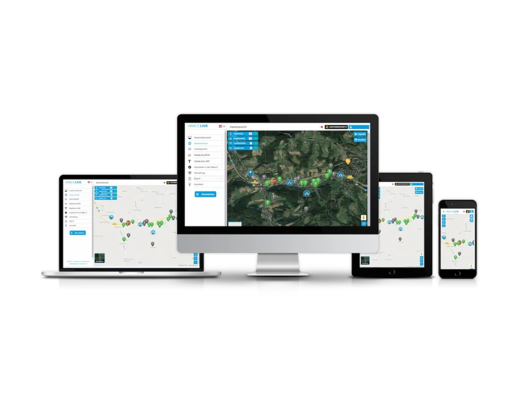 Hawle.live APP – aplikacja do nowoczesnego monitoringu sieci wodociągowych Interfejs Hawle.live APP z mapą sieci wodociągowej wyświetlany na komputerze, tablecie
i smartfonie